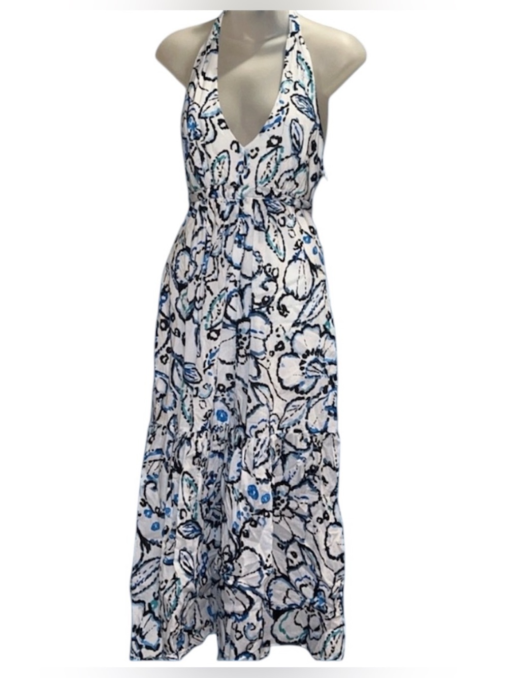 Kristin Davis x BELK 6  white and blue floral halter neck maxi summer dress NWT